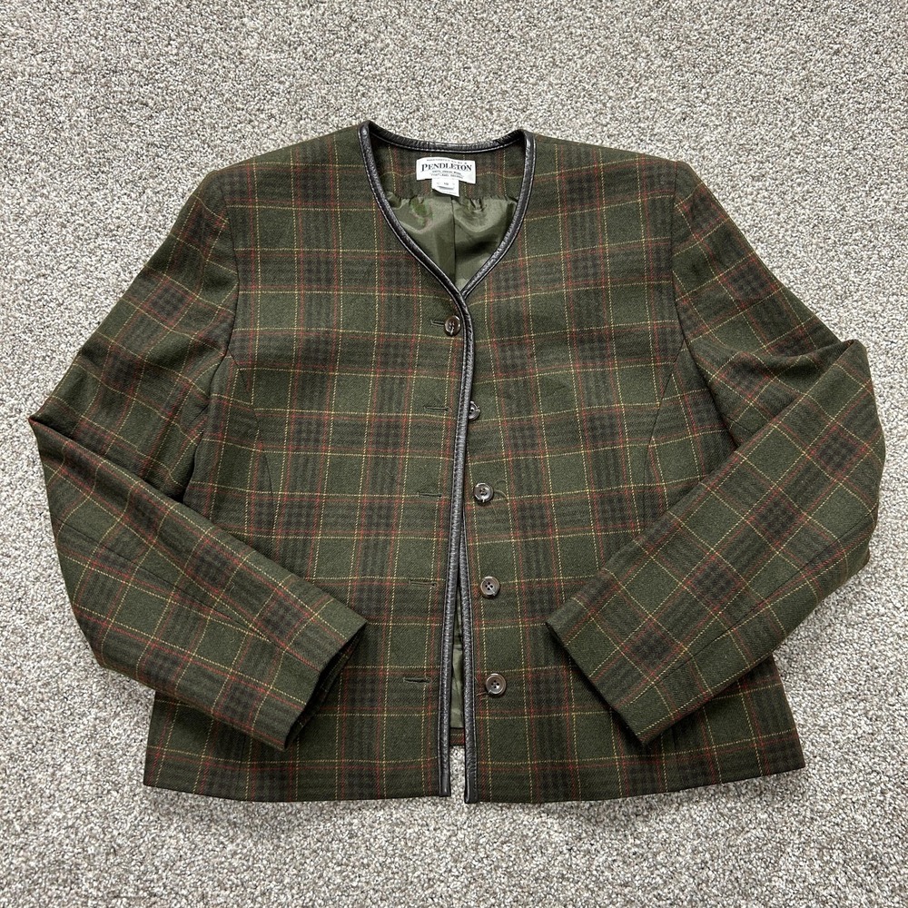 Pendleton Blazer Womens 10 Green Wool Tweed Plaid Collarless Button Front Lined